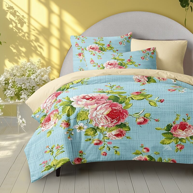 100% Cotton Duvet Cover Set Floral Pattern Set Soft 3-Piece Luxury Bedding Set Home Decor Gift King Queen Duvet Cover