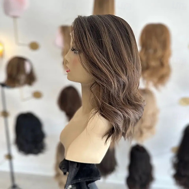 Remy Human Hair 5x5 Closure 13x4 Lace Front Wig Short Bob Brazilian Hair Wavy Light Brown Wig 130% 150% Density with Baby Hair Highlighted / Balayage Hair Glueless Pre-Plucked For Women Short Human3