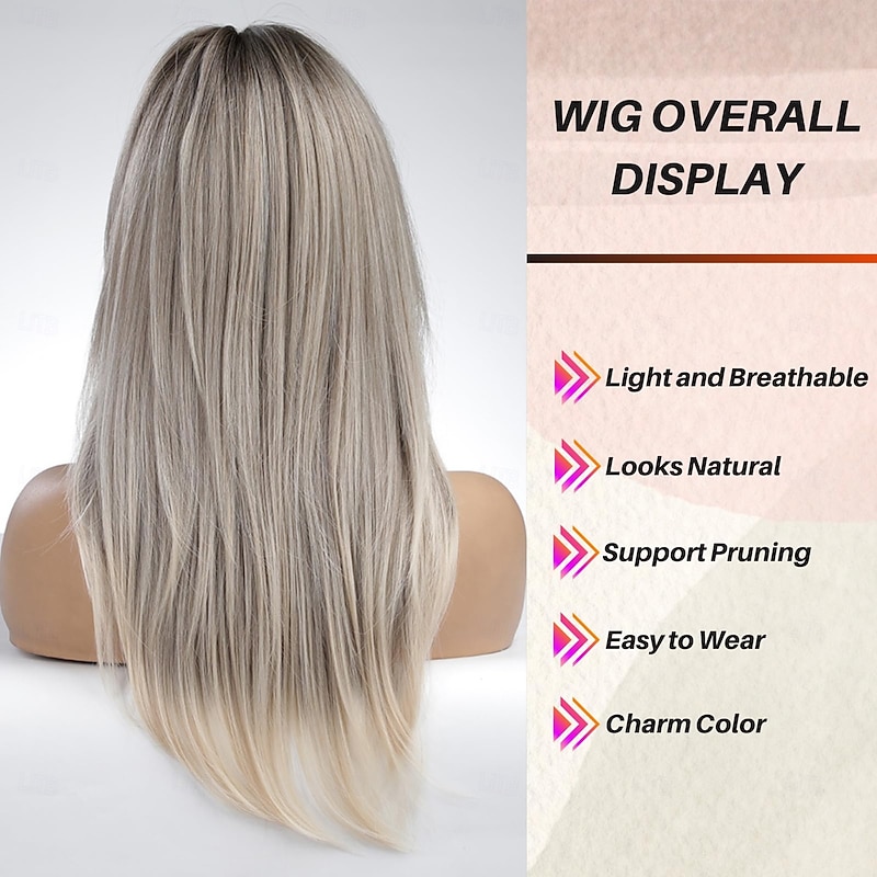 Brown Blonde Wig with Bangs - Long Wavy Ombre Curtain Bang Wigs for Women, Brown to Blonde Light Ash Dark Roots Synthetic Hair, Heat Resistant Natural Cute Wigs for Halloween/Christmas4