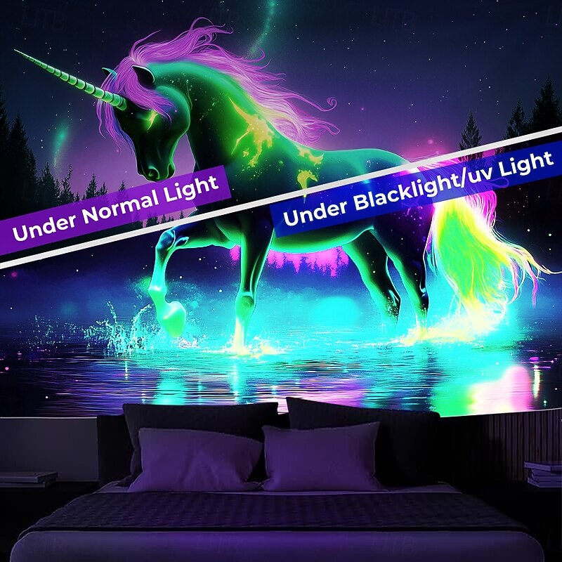 Blacklight Tapestry Glow in the Dark Glow Party UV Reactive Unicorn Animal Trippy Misty Nature Landscape Hanging Tapestry Wall Art Mural for Living Room Bedroom3