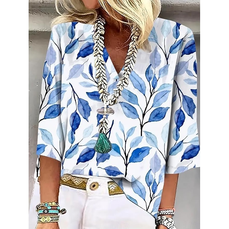 Women's Shirt Button Down Blouse Floral Vintage Tropical Daily 3/4 Length Sleeve V Neck Regular Tops Daily Print Blue Summer Spring