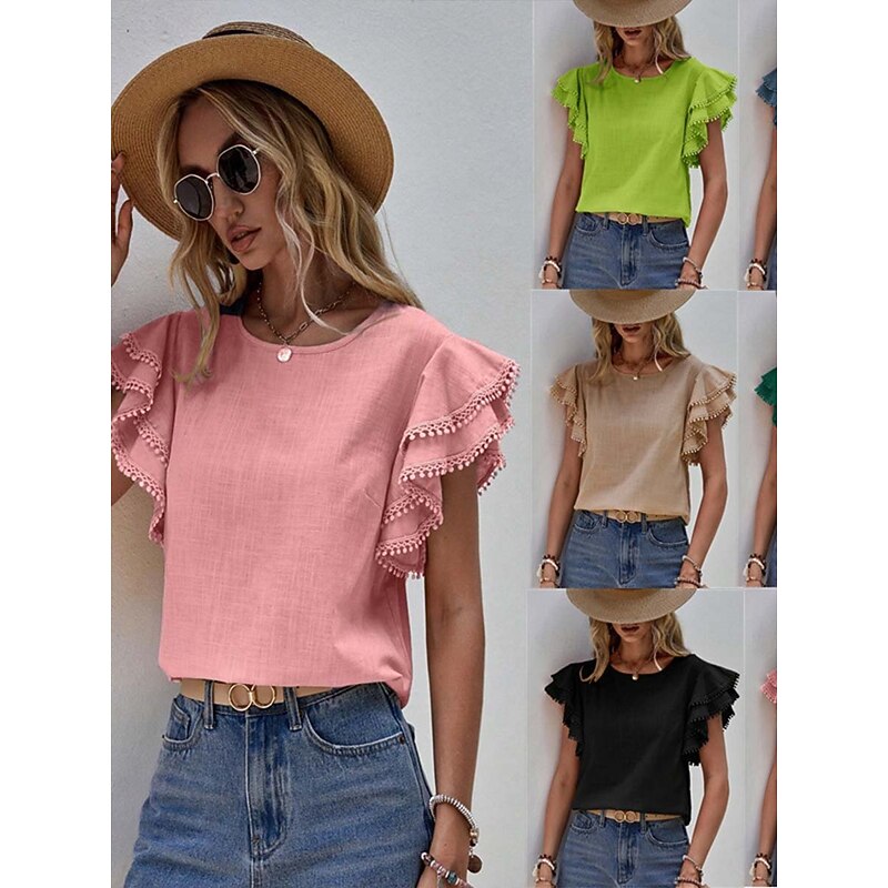 Women's Dressy Tops Elegant Short Sleeve Crew Neck Regular Tops Pink khaki Summer Spring3