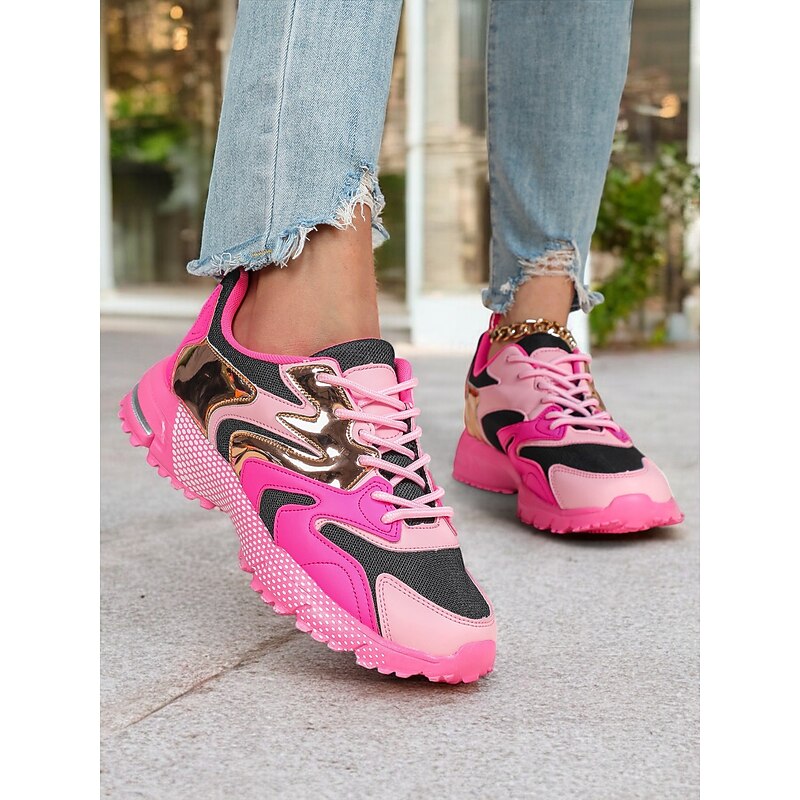Color Block Sneakers with Metallic Accents and Breathable Mesh, Sporty Style for Women, Perfect for Running, Walking and Casual Outings