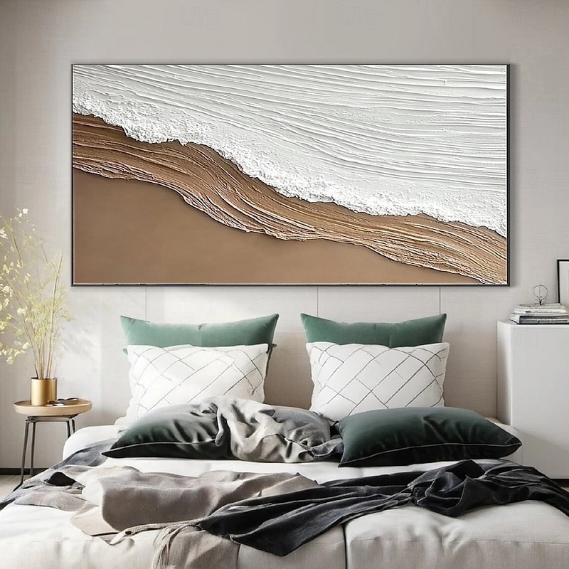 Original White Ocean Wave Art Beach Abstract Painting White Wall Art Brown 3D Texture Painting Brown Beach Wall Art Modern Pastel Room Decor