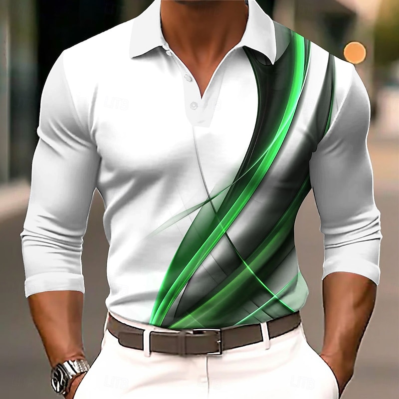 Men's Geometric Line Golf Shirt Long Sleeve Polo Shirts Collared Shirts Casual Business Casual Street Athleisure Outdoor clothing Holiday Buttons 3D Print Spring Fall Winter White Yellow Orange3