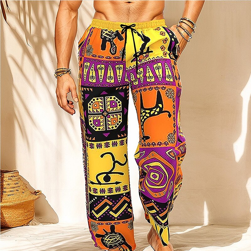 Men's Patchwork Ethnic Trousers Baggy Pants Casual Pants Mid Waist Vintage Retro Tribal Outdoor Holiday Drawstring Elastic Waist Wide Leg Summer Spring 3D Print Yellow