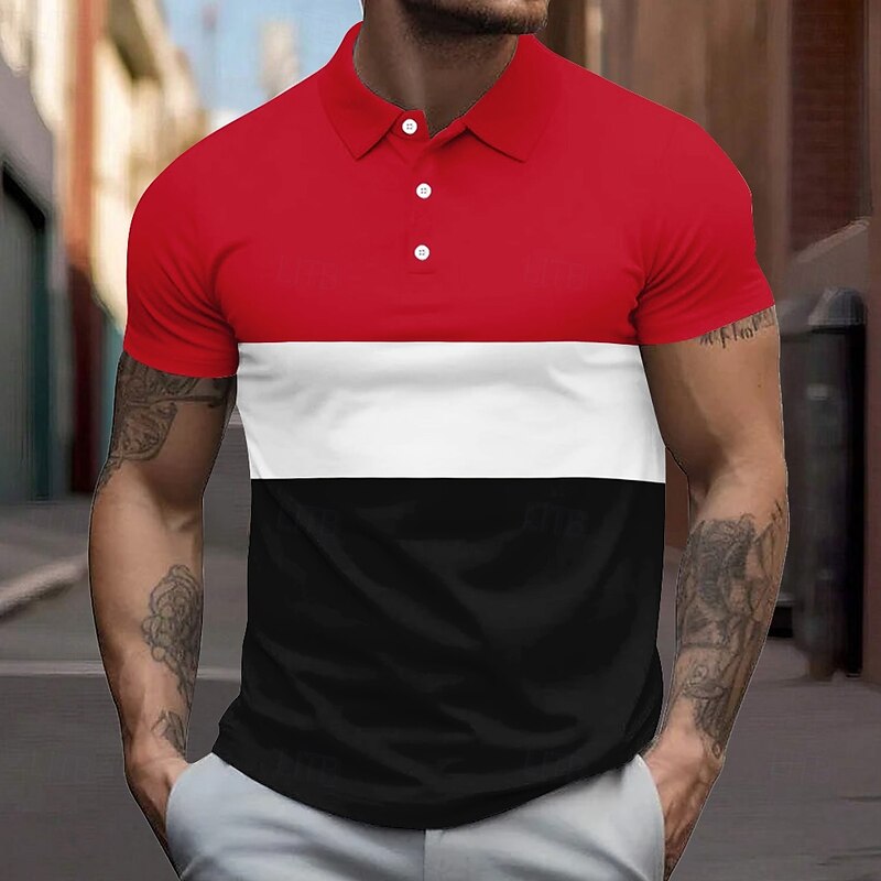 Men's Striped Rugby Polo Short Sleeve Polo Shirts Collared Shirts Casual School Outdoor Sports Daily Wear 3D Print Summer Black Red Dark Blue3