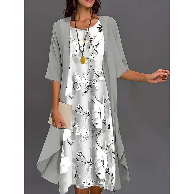 Women's Graduation Dress Midi Dress Chiffon Dress Shift Dress Elegant Vacation Flowy Formal Wedding Wedding Guest Loose Fit Floral Half Sleeve Crew Neck Gray Summer Spring