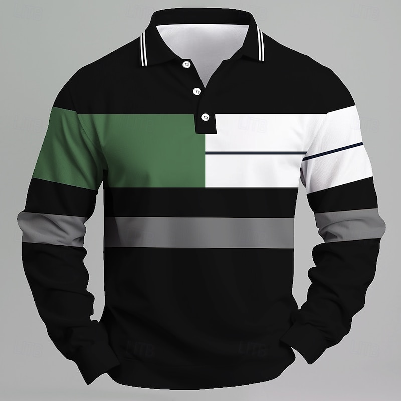 Men's Stripes Rugby Polo Long Sleeve Polo Shirts Collared Shirts Casual School Outdoor Business Athleisure 3D Print Spring Fall Black Dark Blue Gray2