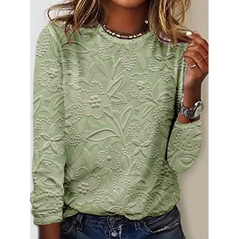 Women's T shirt Crew Neck Long Sleeve Tunic Leopard Striped Casual  Regular Tops Daily Print Silver Sage Green Light Brown Blue Spring Fall3
