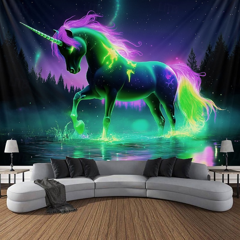 Blacklight Tapestry Glow in the Dark Glow Party UV Reactive Unicorn Animal Trippy Misty Nature Landscape Hanging Tapestry Wall Art Mural for Living Room Bedroom