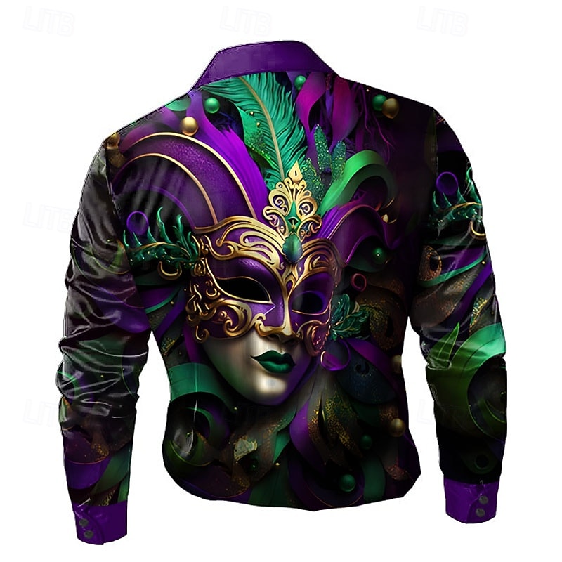 Mardi Gras Men's Mask Carnival Satin Shirt Dress Shirt Button Up Shirt Long Sleeve Fashion Casual Gift Holiday Festival Summer Spring Turndown Collared Shirts 3D Print Purple2