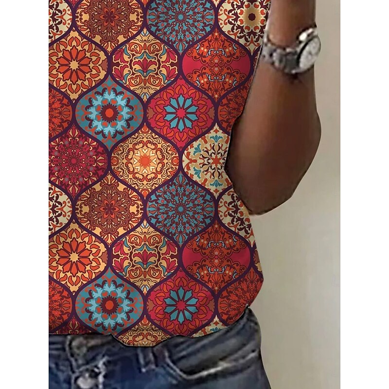 Women's T Shirt Geometric Vintage Stylish Casual Short Sleeve V Neck Regular Tops Daily Buttons Print Red Summer Spring3