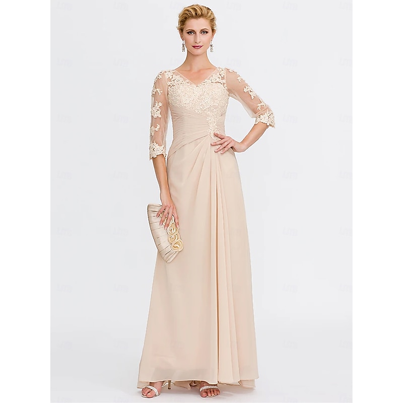 A-Line Mother of the Bride Dress Wedding Guest Elegant Plus Size See Through V Neck Floor Length Chiffon Half Sleeve with Appliques Side Draping3