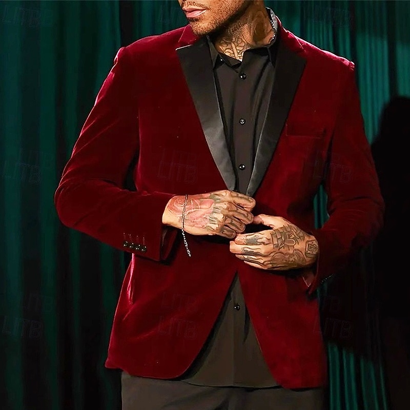 Men's Blazer Velvet Blazer Business Cocktail Party Wedding Party Fashion Casual Spring Fall Polyester Solid Color Pocket Buttons Comfortable Single Breasted Blazer Red Green