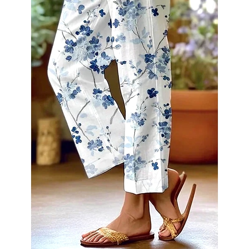 Women's Cotton Linen Pants Baggy Pants Linen Like Elegant Vintage Fashion Full Length High Waist Floral Leaf Printing Breathable Soft Micro-elastic Outdoor Daily Linen Like Sky Blue And White3