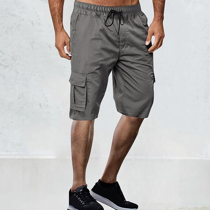 Men's Cargo Shorts Shorts Bermuda shorts Drawstring Elastic Waist Multi Pocket Plain Breathable Moisture Wicking Knee Length Outdoor Casual Running Fashion Streetwear Black Green Micro-elastic4