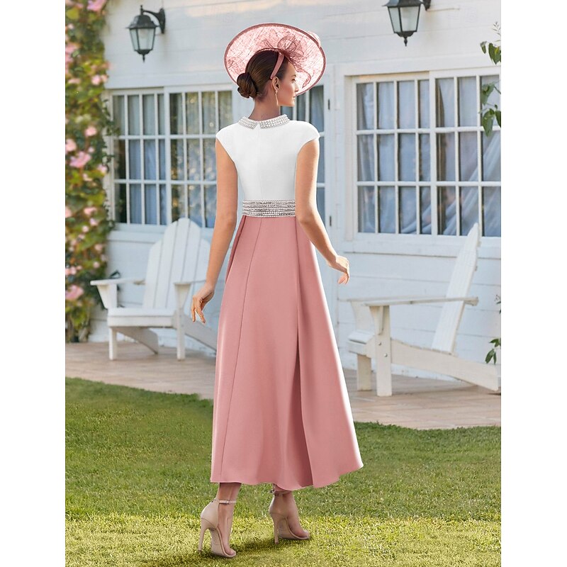 Dress Mother of the Bride Dress Formal Wedding Guest Elegant Vintage Jewel Neck Ankle Length Stretch Fabric Short Sleeve with Lace Pearls Race Day Dress2