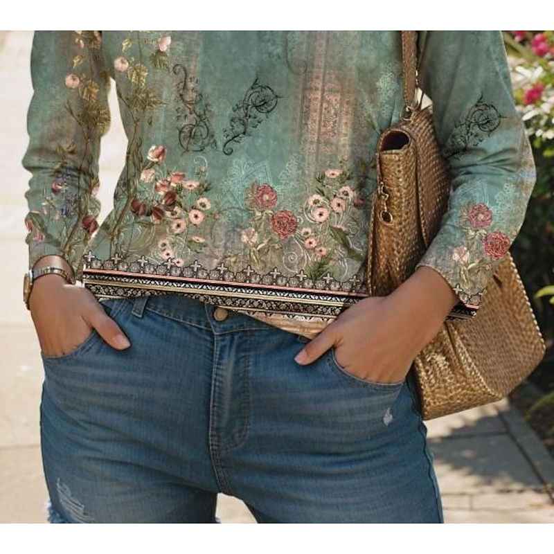 Women's T Shirt V Neck Long Sleeve Tunic Floral Fashion Modern Casual Regular Tops Daily Weekend Print Sage Green Fall Winter3