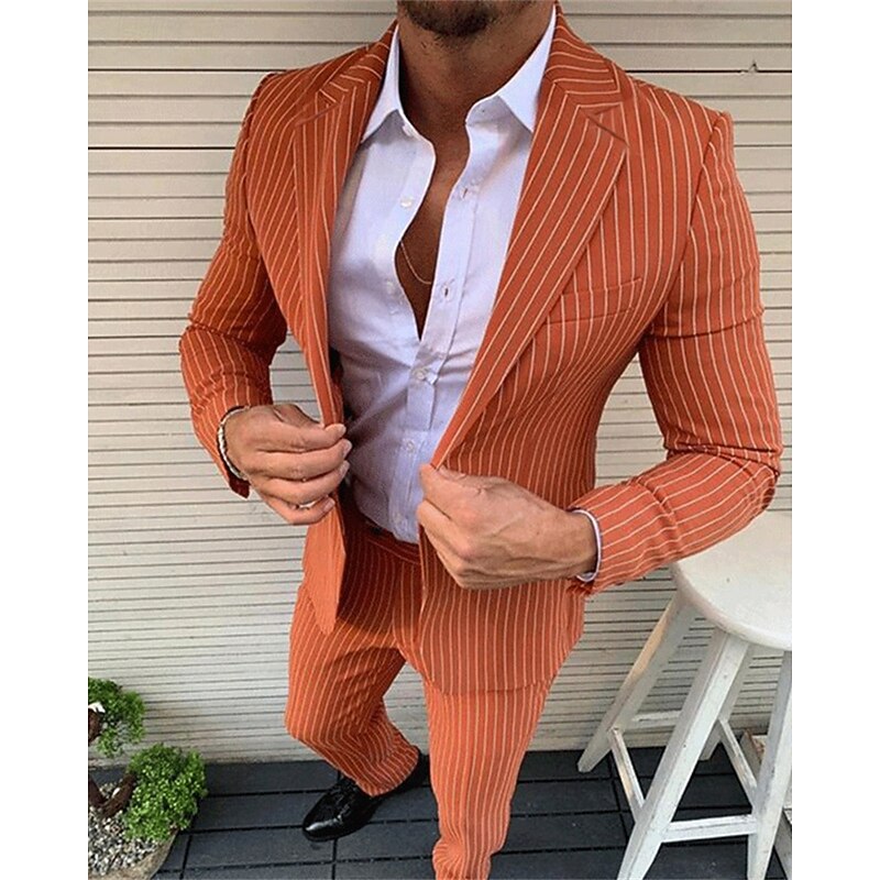 Men's Graduation Blazer Set Business Cocktail Party Wedding Party Fashion Casual Spring Fall Polyester Stripes Pocket 2 Piece Comfortable Single Breasted Blazer Black White Orange