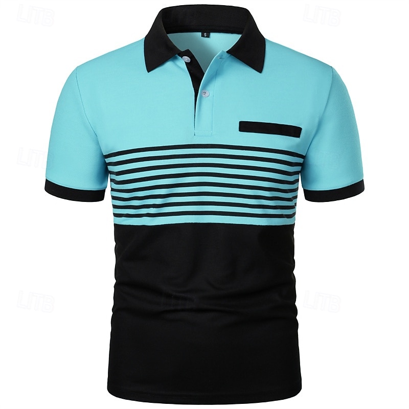 Men's Golf Shirt Golf Polos Shirts Work Casual Lapel Short Sleeve Basic Modern Stripes Patchwork Buttons Summer Spring Regular Fit Lake blue White Pink Wine Green Light Grey Golf Shirt