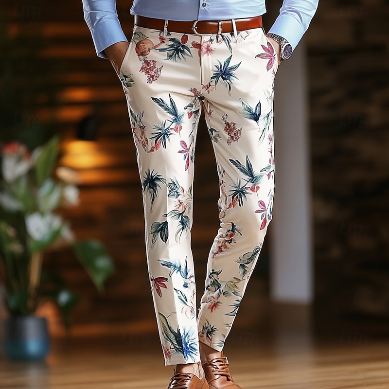 Men's Floral Plants Flowers Dress Pants Trousers Mid Waist Business Casual Outdoor Vacation Streetwear with Pockets Slim Fit Flat-Front Summer Spring 3D Print Light Pink