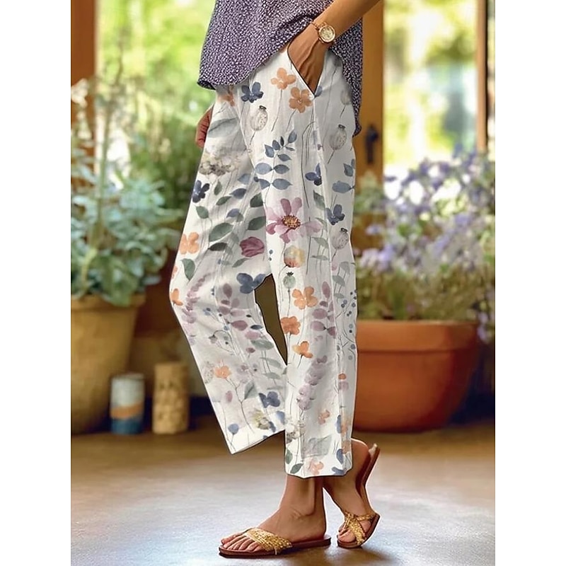 Women's Cotton Linen Pants Baggy Pants Linen Like Fashion Streetwear Full Length High Waist Floral Graphic Printing Thermal Warm Breathable Soft Micro-elastic Outdoor Daily White Fall Winter