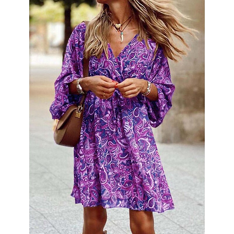 Women's Midi Dress Corset Dress Shift Dress Summer Dress Puff Sleeve Dress Vacation Vacation Daily Regular Fit Graphic 3/4 Length Sleeve V Neck Red Blue Purple Brown Summer3