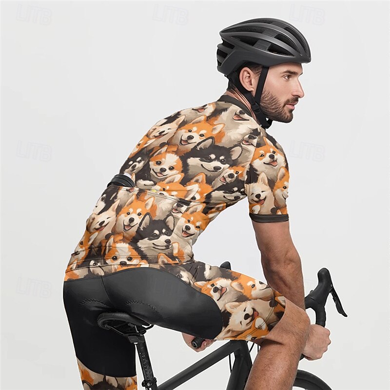 Men's Cycling Jersey with Shorts Dog Short Sleeve Bike Clothing Suit with 3 Rear Pockets Mountain Bike MTB Road Bike Cycling Front Zipper Sweat wicking Comfortable Breathable Sports Yellow Brown khaki