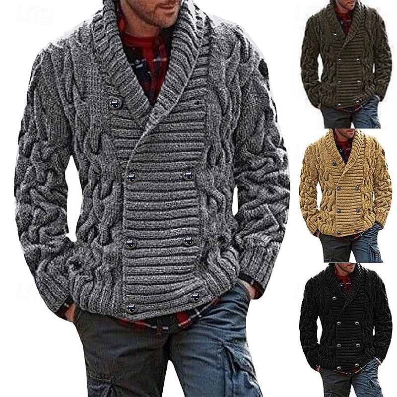 Men's Sweater Cardigan Cropped Sweater Cable Knit Knitted Solid Color Shirt Collar Stylish Vintage Style Daily Clothing Apparel Fall Winter Black Army Green S M L - Main Image