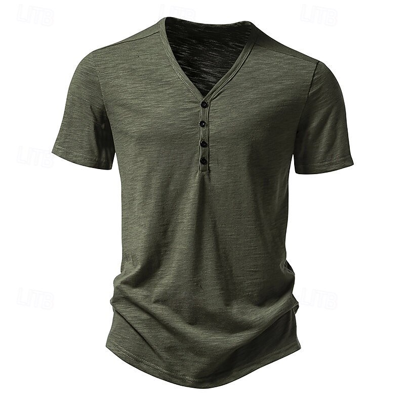 Men's T Shirt Tee Top Short Sleeves Plain Designer Basic Buttons V Neck Vacation Street Going out Summer Black White Burgundy Henley T-Shirt2