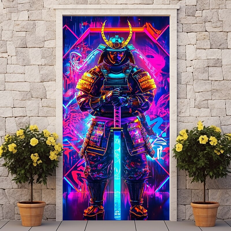 Neon Samurai Door Decorations Door Covers Door Tapestry Door Curtain Decoration Backdrop Indoor/Outdoor Door Banner for Front Door Farmhouse4