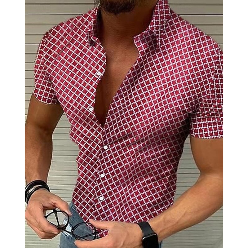 Men's Shirt Summer Shirt Casual Shirt Beach Shirt Button Up Shirt Black White Red Blue Green Short Sleeve Geometric Argyle Lapel Vacation Hawaiian Buttons Clothing Apparel Polyester Fashion Casual3