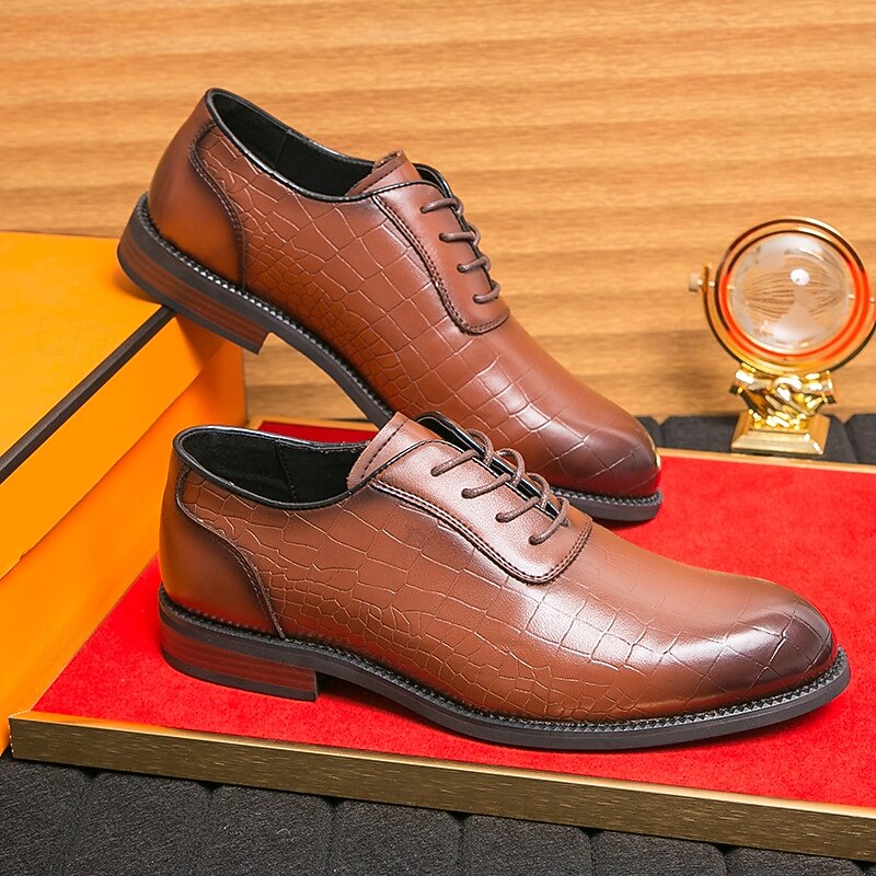 Men's Brown Faux Leather Crocodile-Embossed Oxford Shoes - Stylish & Sophisticated for Casual & Formal Wear4