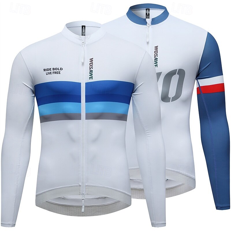 Men's Cycling Jersey Color Block Long Sleeve Bike Jersey with 3 Rear Pockets Mountain Bike MTB Quick Dry Breathable Sports White Blue Clothing Apparel