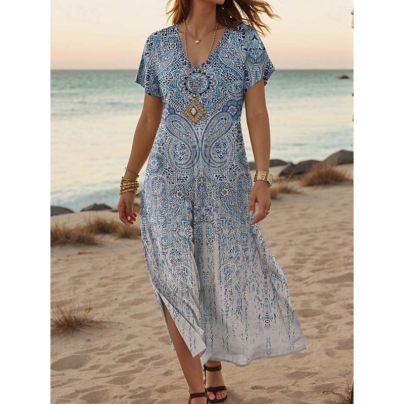 Women's Maxi Dress Casual Dress A Line Dress Stylish Casual Vacation Daily Regular Fit Floral Short Sleeve V Neck White Orange Green Gray Summer Spring3