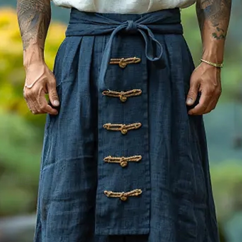 Men's Linen Pants Trousers Summer Pants Baggy Pants Buttons Drawstring Elastic Waist Plain Comfort Breathable Full Length Outdoor Yoga Gym Designer Retro Vintage Red Navy Blue2