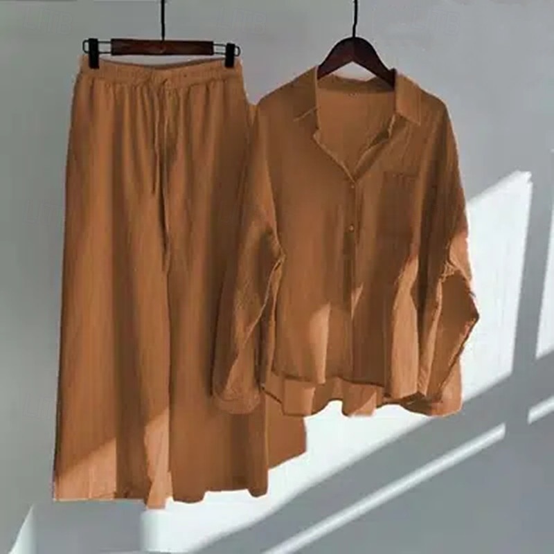 Women's Fashion Streetwear Shirt Cotton Linen Sets Two Piece Sets Linen Pants Pants Trousers Long Sleeve Shirt Collar Solid Color Drawstring Daily Wear Date Light Green Pink Brown Spring Regular Fit3