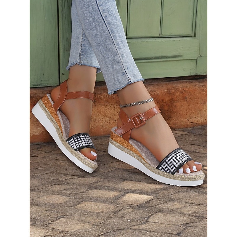 Women's Houndstooth Espadrille Wedge Sandals with Ankle Strap – Casual Summer Platform Sandals for Vacation and Daily Wear