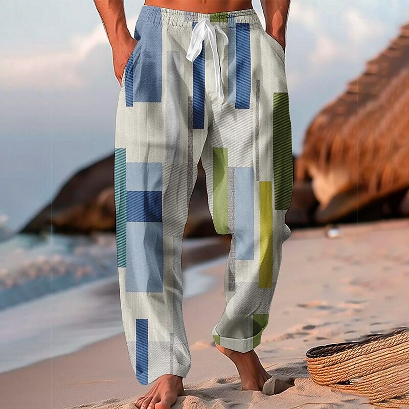 Men's Color Block Patchwork Trousers Baggy Pants Casual Pants Mid Waist Vacation Hawaiian Outdoor Holiday Beach Wide Leg Summer Spring 3D Print White Blue Purple3