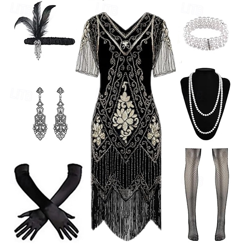 1920s The Great Gatsby Party Costume Masquerade Illusion Sleeve The Great Gatsby Tassel Fringe Sequin Tassel V Neck Fancy Dress Women's Halloween Carnival Bachelorette Party Adults' 1 Bracelet Dress