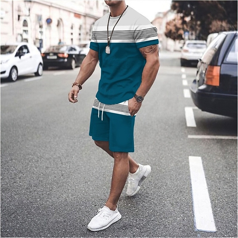 Men's T-shirt Suits Tee & Drawstring Waist Shorts 2 Pieces Outfits Tee & Shorts Short Sleeve Crewneck Summer Color Block Stripes Fashion Casual 2 Piece Vacation Daily Wear Going out Black Green Red3