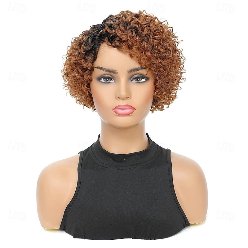 Fancy Hair Short Curly Human Hair Wigs Pixie Cut Kinky Curly Wig Honey Blonde With Dark Roots Side Part Deep Curly No Lace Front Brazilian Remy Human Hair Wig for Black Women Daily Use2