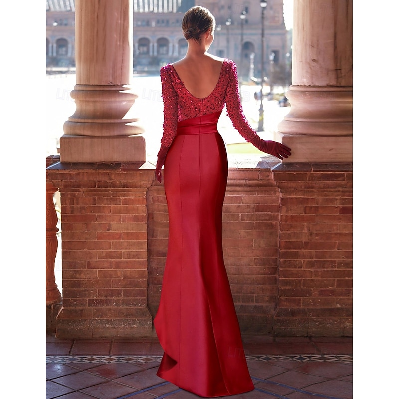 A-Line Evening Gown Elegant Dress Formal Floor Length Long Sleeve Jewel Neck Satin with Ruffles Slit Masquerade Dress2