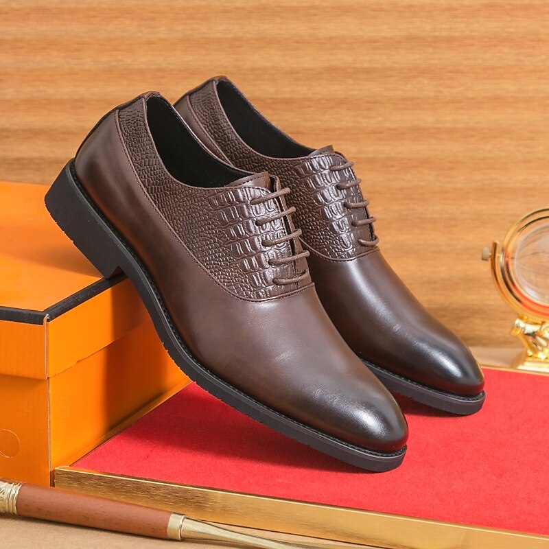 Men's Dark Brown Oxford Shoes - Faux Leather with Crocodile Texture Embossing and Perforation Detailing, Elegant Formal Footwear for Men, Ideal for Weddings, Business & Special Occasions3
