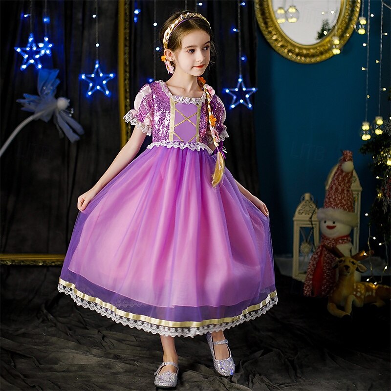 Kids Girls' Dress Color Block Short Sleeve Outdoor Casual Lace Fashion Costume Polyester Midi Casual Dress A Line Dress Tulle Dress Summer Spring 4 years+ Pink Purple4
