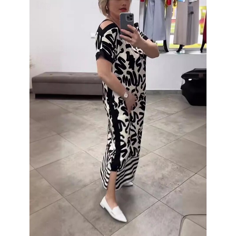 Women's Maxi Dress Casual Dress A Line Dress Stylish Casual Vacation Daily Regular Fit Graphic Letter Short Sleeve V Neck Black White Summer4
