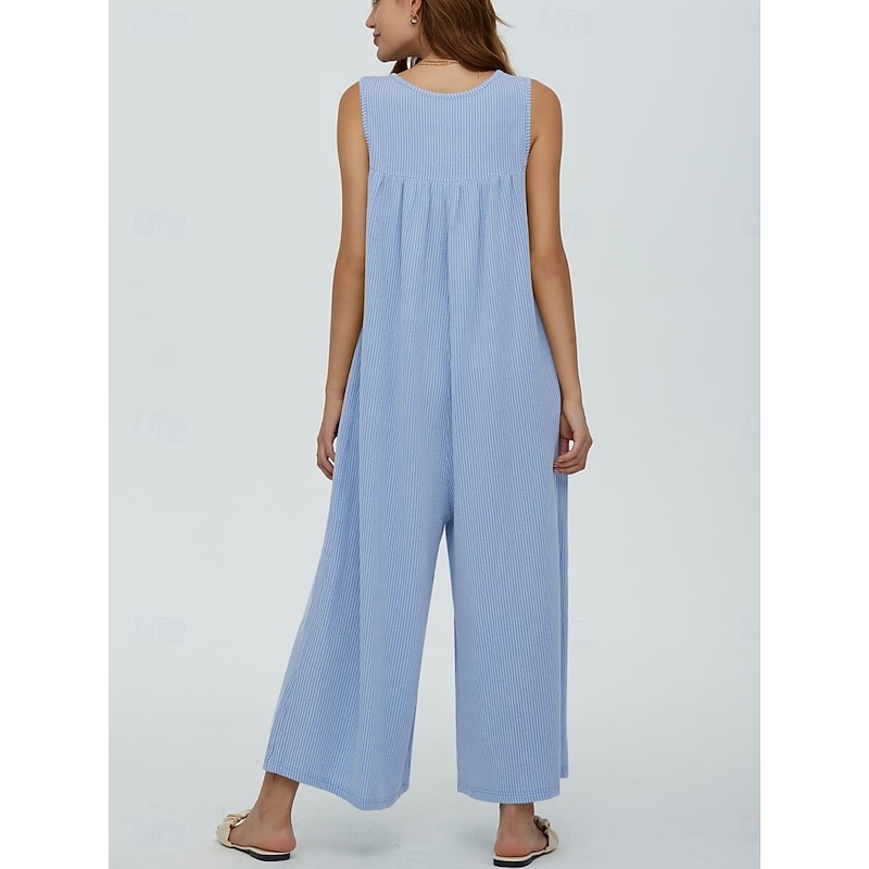 Women's Normal Jumpsuit Active Solid Color Sleeveless U Neck Buttons Pocket Vacation Daily Regular Fit Black Navy Blue Blue Summer3