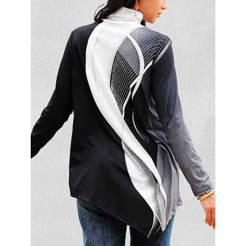 Women's T shirt Long Sleeve Plus Size Shirt Blouse Basic Butterfly Print Long Sleeve Regular Tops Turtleneck High Neck Casual Silver Black White Yellow Gray Spring Fall Prefall2