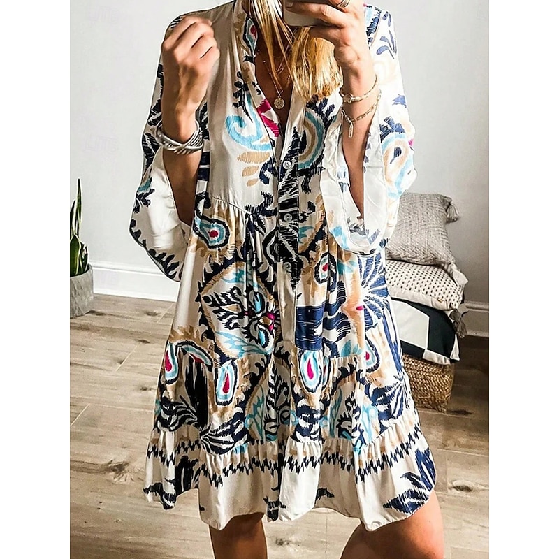 Women's Mini Dress Petite Dress Casual Dress Boho Dress Bohemia Vintage Ethnic Vacation Daily Regular Fit Floral Long Sleeve V Neck Blue Summer Spring